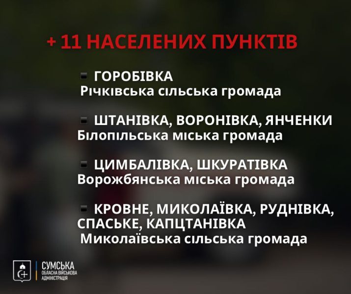 На Сумщині обов&rsquo;язкову евакуацію оголосили ще з 11 населених пунктів