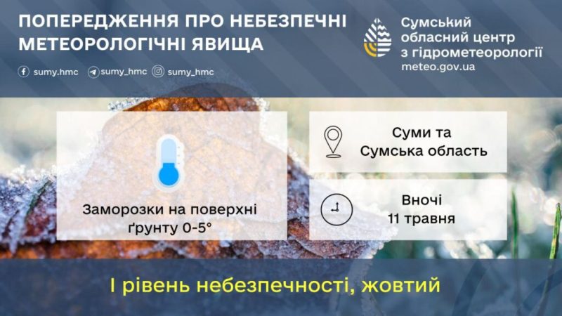 На Сумщині очікуються нічні заморозки