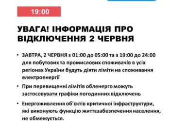 2 червня будуть діяти ліміти на електроспоживання з 1:00 до 5:00 та з 19:00 до 24:00, – «Укренерго».