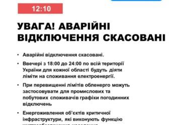 Сьогодні аварійні відключення скасовані, з 18:00 будуть діяти ліміти на споживання електроенергії