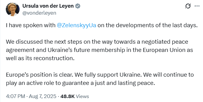 Президентка Єврокомісії поговорила з Зеленським про мирну угоду з РФ