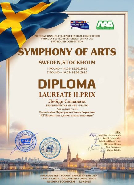 Талановита піаністка із Шосткинської громади стала призеркою міжнародного конкурсу, що пройшов у Швеції
