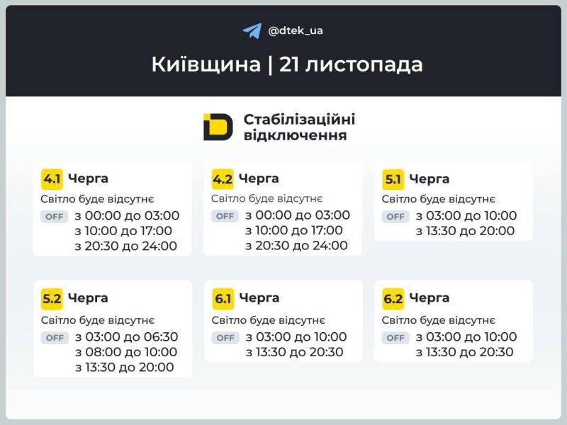 Графіки відключень 21 листопада: хто залишиться без світла в п’ятницю