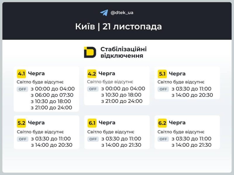 Графіки відключень 21 листопада: хто залишиться без світла в п’ятницю