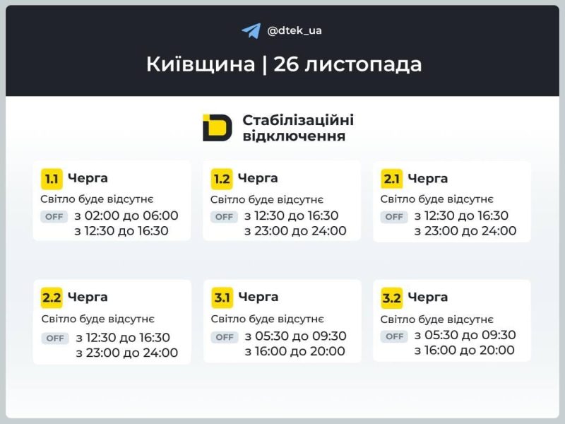Графіки відключень 26 листопада: хто й на скільки залишиться без світла в середу