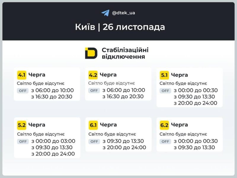 Графіки відключень 26 листопада: хто й на скільки залишиться без світла в середу