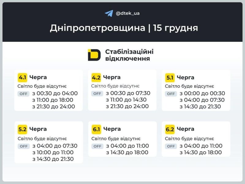 Графіки на 15 грудня: як відключатимуть світло в Україні у понеділок