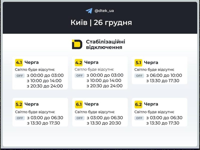 Графіки відключень на 26 грудня: коли не буде світла в Україні у п'ятницю