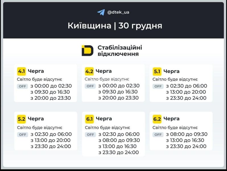 В Україні 30 грудня вимикатимуть світло: коли не буде електроенергії