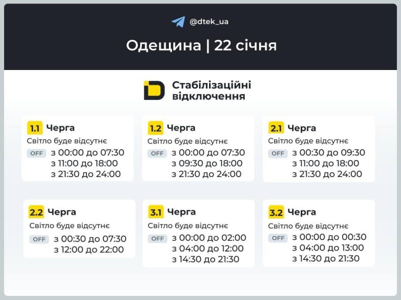 Графіки відключень електроенергії у четвер: коли не буде світла 22 січня