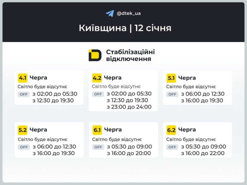 Графіки відключень світла 12 січня: коли не буде електроенергії в понеділок
