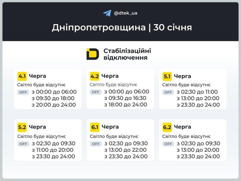Графіки відключень світла на 30 січня: коли не буде електрики в п’ятницю