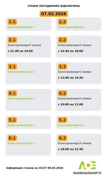 Графіки відключень світла на 7 лютого: коли не буде електроенергії у суботу