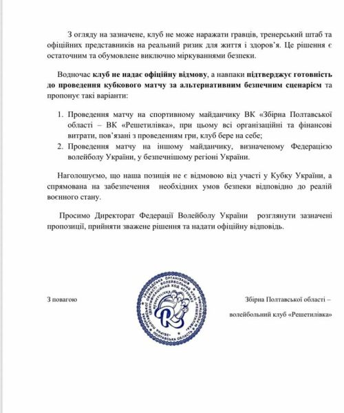 ВК Решетилівка виступив із заявою щодо скандалу в 1/4 фіналу Кубка України