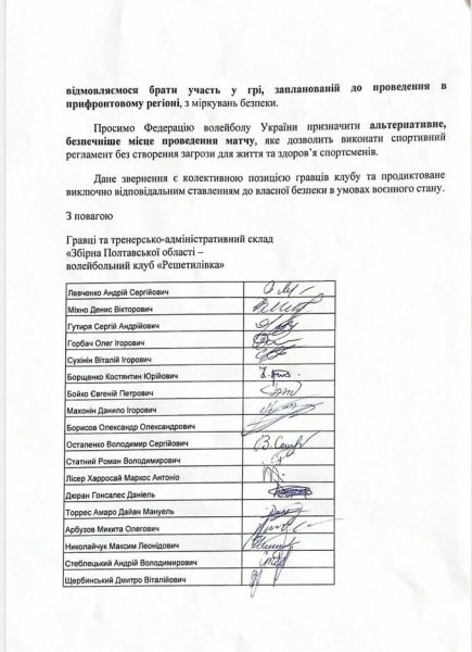 ВК Решетилівка виступив із заявою щодо скандалу в 1/4 фіналу Кубка України