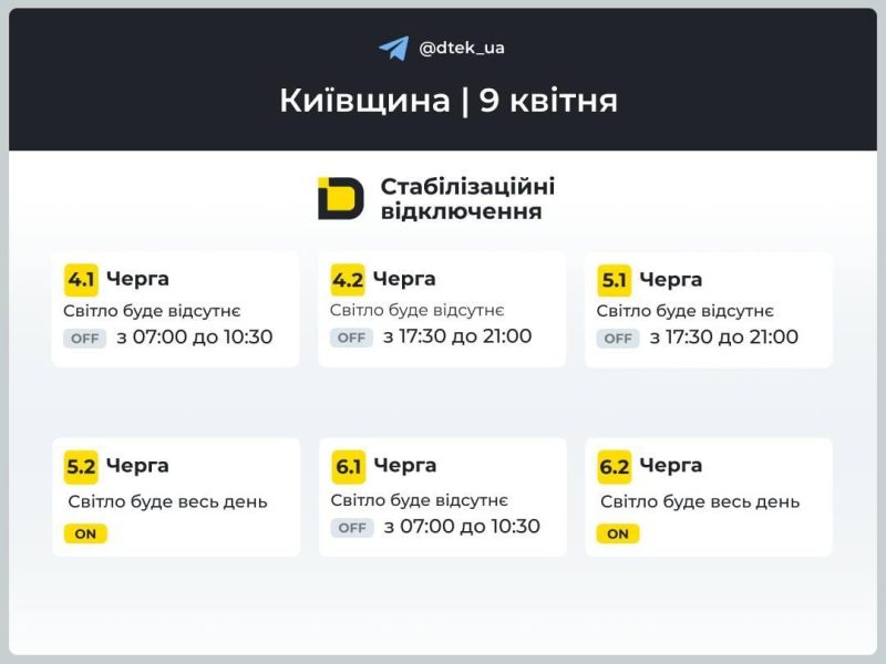 Графіки на 9 квітня: коли вимикатимуть світло в Україні у четвер
