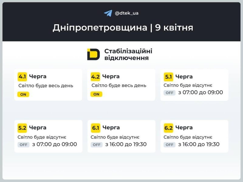 Графіки на 9 квітня: коли вимикатимуть світло в Україні у четвер