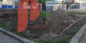 ФОТОФАКТ! У Ромнах біля Укрпошти облаштовують нову клумбу: туї вже викорчували