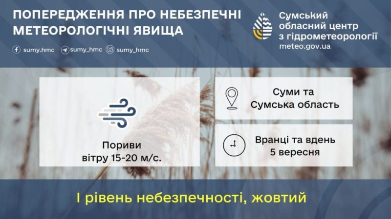На Сумщині очікується сильний вітер