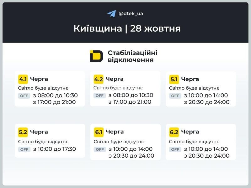 Графіки відключень світла: коли не буде електроенергії 28 жовтня