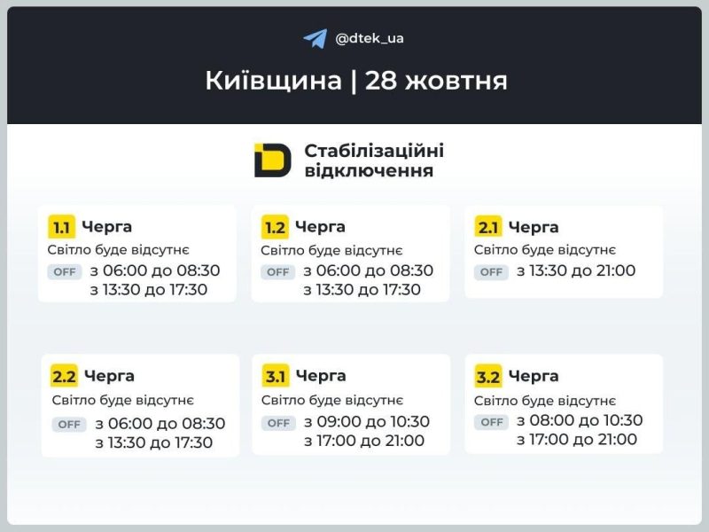 Графіки відключень світла: коли не буде електроенергії 28 жовтня